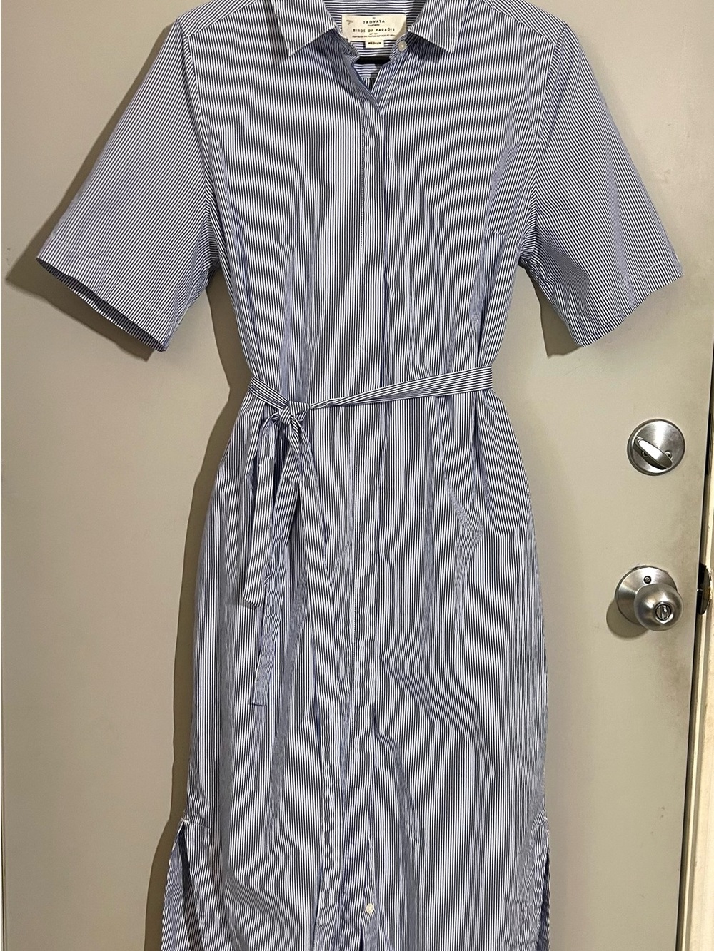 Trovata birds of paradise Blue + White Striped short sleeve Midi Shirt Dress